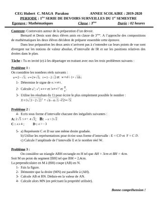 Première page de Mathématiques 3e, 3e ML — 1er devoir surveillé, 1er semestre (2019-2020) · CEG Hubert C. MAGA