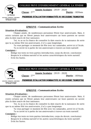 Première page de Français 5e — 1re évaluation sommative, 2e trimestre (2019-2020) · CPEG La Finesse