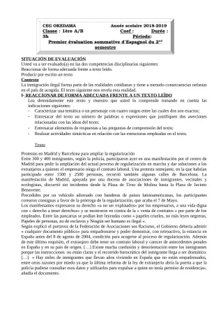 Première page de Espagnol 1ère A1, 1ère A2 — 1re évaluation sommative, 2e semestre (2018-2019) · CEG OKEDAMA
