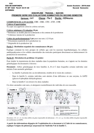 Première page de SVT Tle C — 1re évaluation sommative, 2e semestre (2019-2020) · CEG Dantokpa