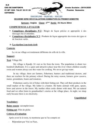Première page de Anglais 5e — 2e évaluation sommative, 1er semestre (2019-2020) · CEG Dantokpa