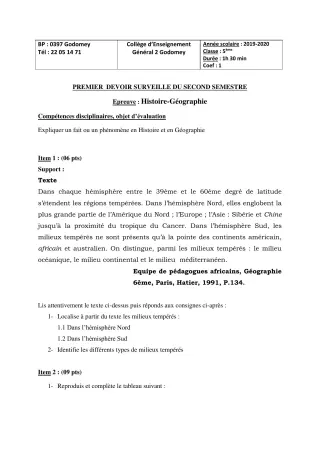 Première page de Histoire-Géographie 5e — 1er devoir surveillé, 2e semestre (2019-2020) · CEG2 Godomey