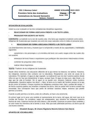 Première page de Espagnol 2nde A & B — 1re évaluation sommative, 2e semestre (2022-2023) · CEG2 ABOMEY - CALAVI (CEG ZOCA)