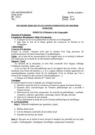 Première page de Histoire-Géographie 6e, 5e, 4e, 4e ML, 3e, 3e ML, 2nde A & B, 2nde A2 — 2e évaluation sommative, 1er semestre (2018-2019) · CEG Ahossougbéta