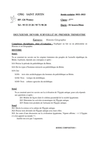 Première page de Histoire-Géographie 5e, 4e — 2e devoir surveillé, 1er trimestre (2021-2022) · CPEG SAINT Justin
