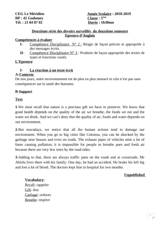 Première page de Anglais 5e — 2e devoir surveillé, 2e semestre (2018-2019) · CEG Le Méridien