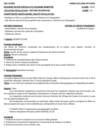 Première page de Histoire-Géographie 4e, 4e ML — 2e devoir surveillé, 2e semestre (2019-2020) · CEG COUSSI