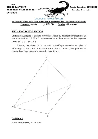 Première page de Mathématiques 2nde C, 2nde D — 1re évaluation sommative, 1er semestre (2019-2020) · CEG Dantokpa
