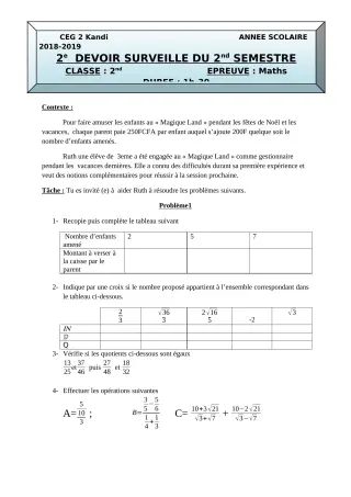 Première page de Mathématiques 2nde A — 2e devoir surveillé, 2e semestre (2018-2019) · CEG 2 KANDI