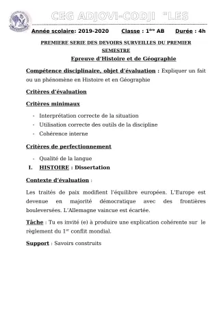 Première page de Mathématiques 1ère B — 1er devoir surveillé, 1er semestre (2019-2020) · CEG ADJOVICODJI 'LES OLIVIERS'