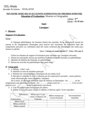 Première page de Histoire-Géographie 6e, 5e, 4e, 4e ML, 3e, 3e ML, 2nde A & B, 2nde D, 1ère B, 1ère D — 2e évaluation sommative, 1er semestre (2019-2020) · CEG 2 Allada