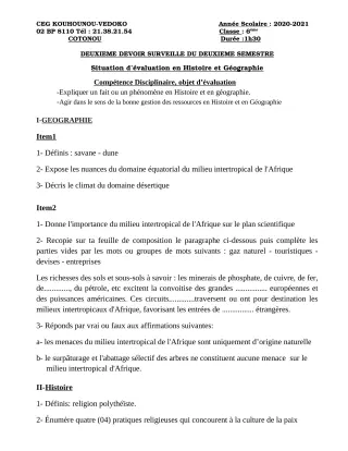 Première page de Histoire-Géographie 6e — 2e devoir surveillé, 2e semestre (2020-2021) · CEG Kouhounou-Vêdoko