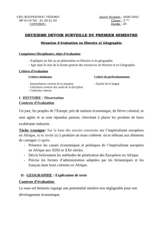 Première page de Histoire-Géographie 3e, 3e ML — 2e devoir surveillé, 1er semestre (2020-2021) · CEG Kouhounou-Vêdoko