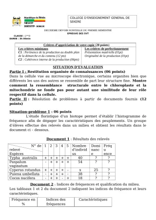 Première page de SVT 2nde D — 2e devoir surveillé (2022-2023) · CEG SEKERE