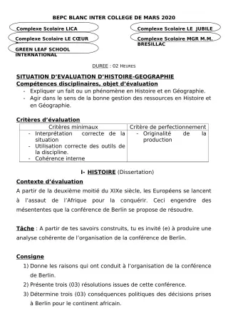 Première page de Examen Blanc de HIST-GEO — 3e, 3e ML — CPEG LICA (2019)