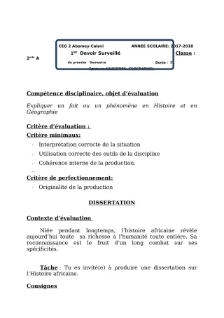 Première page de Histoire-Géographie 2nde A, 2nde B — 1er devoir surveillé, 1er semestre (2018-2019) · CEG2 ABOMEY - CALAVI (CEG ZOCA)