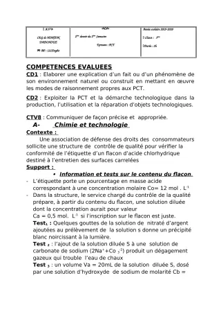 Première page de PCT 3e — 2e devoir surveillé, 2e semestre (2019-2020) · CEG Honton
