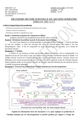 Première page de SVT 1ère A2, 1ère B — 2e devoir surveillé, 2e semestre (2019-2020) · CEG FIYEGNON