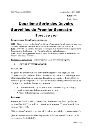 Première page de PCT Tle C — 2e devoir surveillé, 1er semestre (2019-2020) · CEG Agassa Godomey