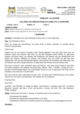 Première page de Allemand 2nde A, 2nde A1, 2nde A2 — 2e production scolaire, 1er semestre (2022-2023) · CEG1 Ikpinlè