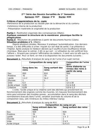 Première page de SVT 2nde D — 2e devoir surveillé, 1er semestre (2022-2023) · CEG ZONGO