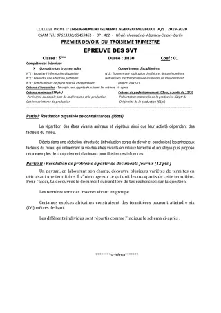 Première page de SVT 6e, 4e ML, 3e, 3e ML, 2nde A, 2nde A1, 2nde A2, 2nde B, 2nde C, 2nde D, 1ère A, 1ère A1, 1ère A2, 1ère B, 1ère D, Tle A, Tle A1, Tle A2, Tle B, Tle C, Tle D — 1er devoir surveillé, 3e trimestre (2