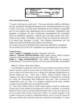 Première page de Français Tle A1, Tle A2, Tle B, Tle C, Tle D — 2e devoir surveillé, 2e semestre (2018-2019) · CEG2 ABOMEY - CALAVI (CEG ZOCA)