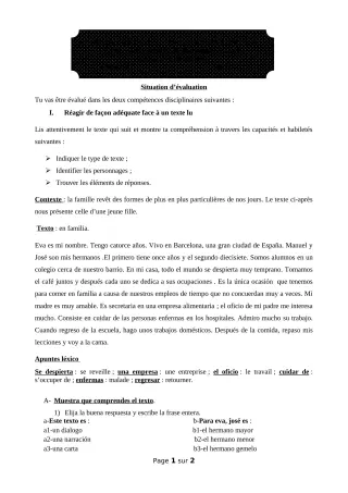 Première page de Espagnol 4e ML — 1er devoir surveillé, 2e semestre (2018-2019) · ceg ouenou