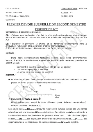 Première page de PCT 5e — 1er devoir surveillé, 2e semestre (2020-2021) · CEG FIYEGNON