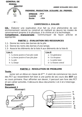 Première page de PCT 6e, 5e, 4e, 3e, 2nde D, 1ère D, Tle D — 1re production scolaire, 1er semestre (2021-2022) · CEG Perma