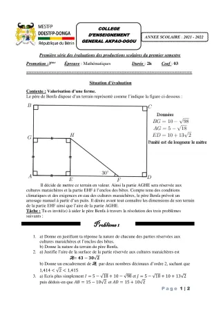 Première page de Mathématiques 3e — Production scolaire, 1er semestre (2021-2022) · CEG Akpao-Ogou