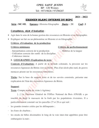 Première page de BEPC blanc 2022 histoire géographie cpeg saint justin