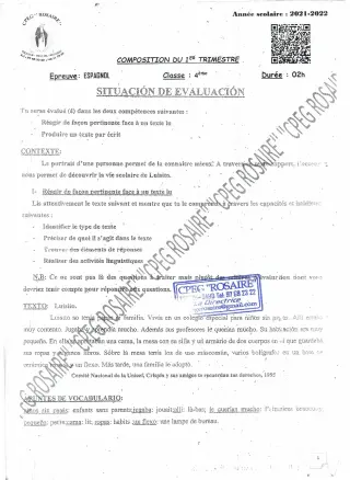 Première page de Espagnol 4e, 4e ML — 2e composition (2021-2022) · CPEG ROSAIRE