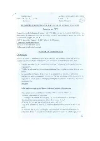 Première page de PCT 1ère C — 2e devoir surveillé, 2e semestre (2018-2019) · CEG du Lac