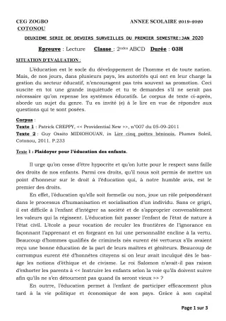 Première page de Français 2nde A, 2nde A1, 2nde A2, 2nde B, 2nde C, 2nde D — 2e devoir surveillé, 1er semestre (2019-2020) · CEG ZOGBO