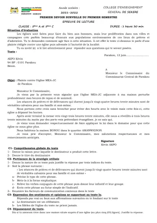 Première page de Français 5e — 1er devoir surveillé, 1er semestre (2021-2022) · CEG SEKERE