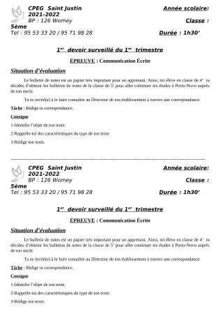 Première page de Français 5e — 1er devoir surveillé, 1er trimestre (2021-2022) · CPEG SAINT Justin