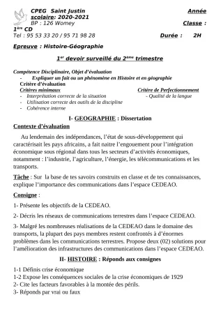 Première page de Histoire-Géographie 1ère C, 1ère D — 1er devoir surveillé, 2e trimestre (2020-2021) · CPEG SAINT Justin