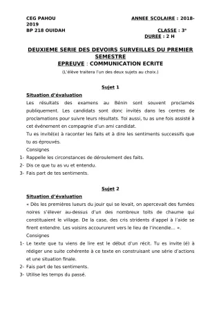 Première page de Français 3e, 3e ML — 2e devoir surveillé, 1er semestre (2018-2019) · CEG PAHOU
