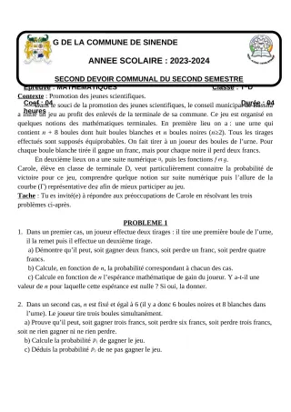 Première page de Mathématiques Tle D — 2e devoir surveillé, 2e semestre (2023-2024) · CEG SEKERE
