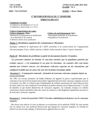 Première page de SVT Tle A2 — 1er devoir surveillé, 1er semestre (2023-2024) · CEG Yagbe