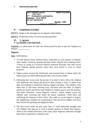 Première page de Anglais 1ère A & B — 1re évaluation sommative, 1er semestre (2022-2023) · CEG2 ABOMEY - CALAVI (CEG ZOCA)