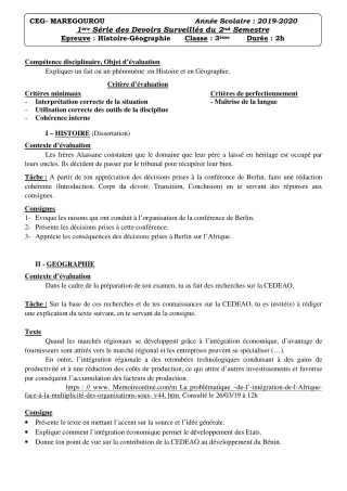 Première page de Histoire-Géographie 3e, 3e ML — 1er devoir surveillé, 2e semestre (2019-2020) · CEG MAREGOUROU