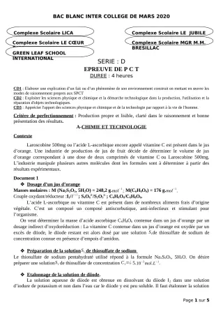 Première page de Examen Blanc de PCT — Tle D — CPEG LICA (2019)
