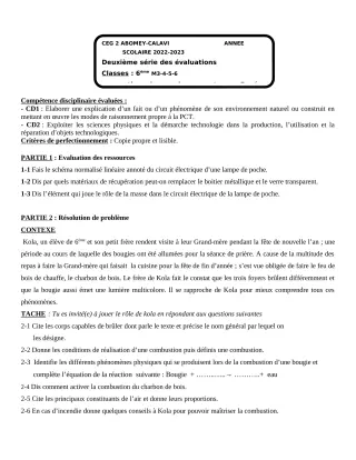 Première page de PCT 6e — 2e évaluation sommative, 1er semestre (2022-2023) · CEG2 ABOMEY - CALAVI (CEG ZOCA)