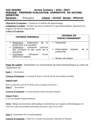Première page de Philosophie 1ère A2 — 1re évaluation sommative, 2e semestre (2022-2023) · CEG SEKERE