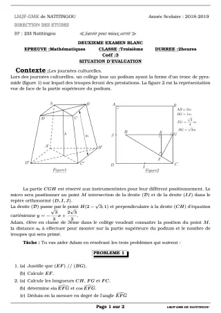 Première page de Devoir surveillé de MATHS GENE — 3e, 1ère A2 — LMJFGMK (2018)