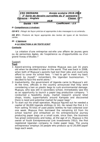 Première page de Anglais 1ère A1, 1ère A2, 1ère B — 2e devoir surveillé, 2e semestre (2018-2019) · CEG OKEDAMA