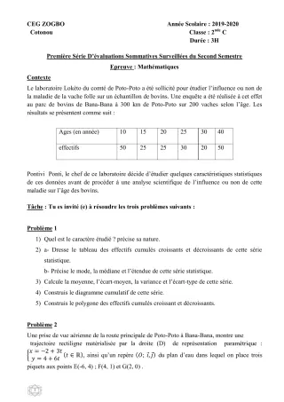 Première page de Mathématiques 2nde C — Évaluation sommative, 2e semestre (2019-2020) · CEG ZOGBO