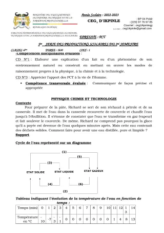 Première page de PCT 6e — 1re production scolaire, 2e semestre (2022-2023) · CEG1 Ikpinlè
